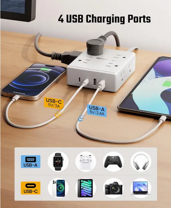 Screenshot 2025-09-23 at 21-46-22 Amazon.com Cable de extensión de 10 pies con múltiples tomas regleta protectora de sobretensiones de enchufe plano cable de 10 pies de largo 8 salidas y 4 puertos USB (2 USB C) estación de [...].webp