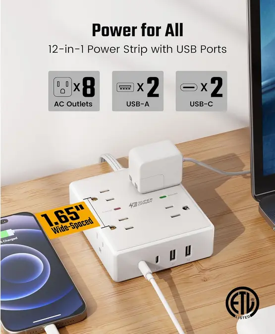 Screenshot 2025-09-23 at 21-46-15 Amazon.com Cable de extensión de 10 pies con múltiples tomas regleta protectora de sobretensiones de enchufe plano cable de 10 pies de largo 8 salidas y 4 puertos USB (2 USB C) estación de [...].webp