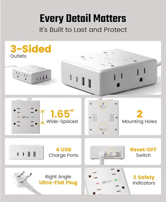 Screenshot 2025-09-23 at 21-46-37 Amazon.com Cable de extensión de 10 pies con múltiples tomas regleta protectora de sobretensiones de enchufe plano cable de 10 pies de largo 8 salidas y 4 puertos USB (2 USB C) estación de [...].webp
