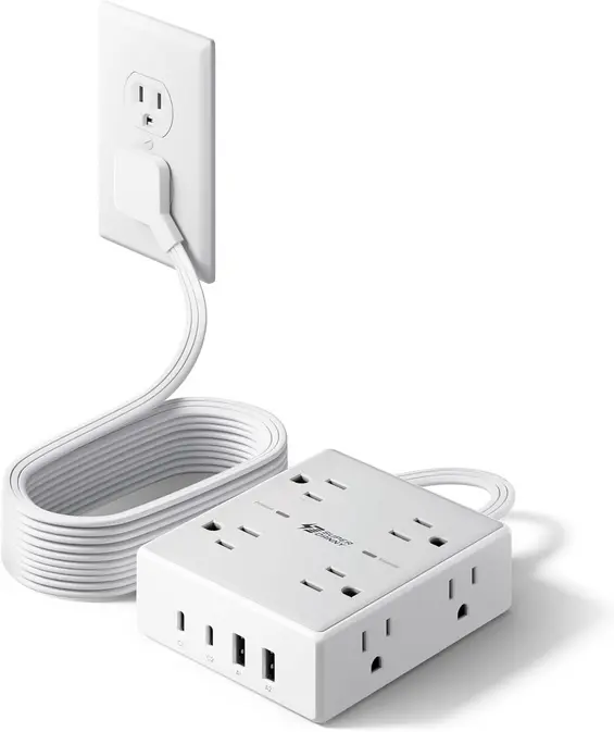 🔌 Regleta con 8 Tomas + 4 Puertos USB  – Cable Plano de 3 m, Protección contra Sobretensión