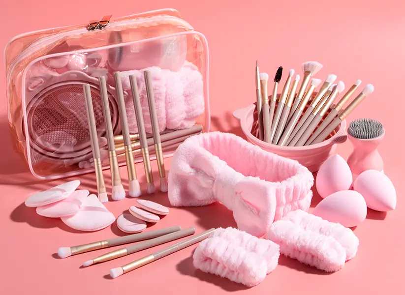 💄 Set de 34 Brochas de Maquillaje – Con Bolsa y Bowl de Limpieza (Rosado)