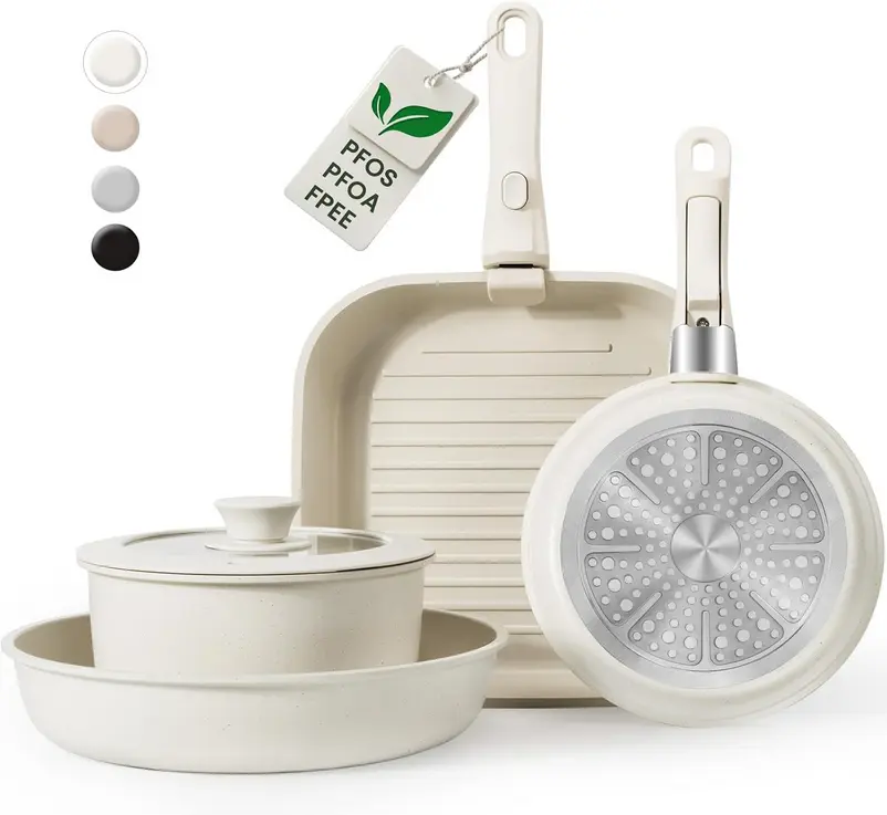 🍳 Set de Ollas y Sartenes Antiadherentes – 7 Piezas de Cerámica con Mangos Desmontables (Color Crema)