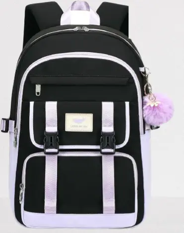 🎒 Mochila Escolar Juvenil con Compartimiento para Portátil – Negra con Detalles Lila