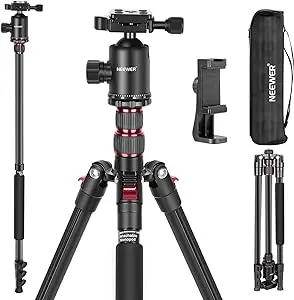 Trípode Profesional – Cabezal panorámico 360°, columna central invertible y se convierte en monopie.