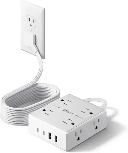 🔌 Regleta con 8 Tomas + 4 Puertos USB  – Cable Plano de 3 m, Protección contra Sobretensión