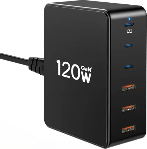 ⚡ Estación de Carga 6 en 1 – 120 W GaN, 3 Puertos USB-C y 3 USB-A