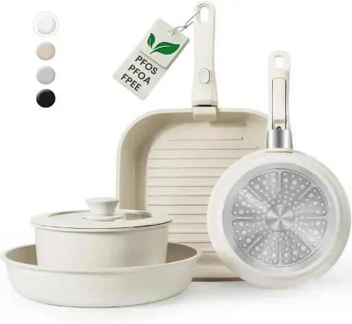 🍳 Set de Ollas y Sartenes Antiadherentes – 7 Piezas de Cerámica con Mangos Desmontables (Color Crema)