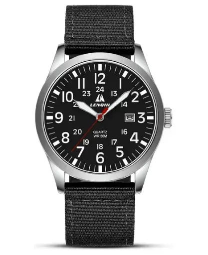 [A3-LN-0550-Plata Negro Negro] LN LENQIN | Reloj Militar con Correa de Nylon